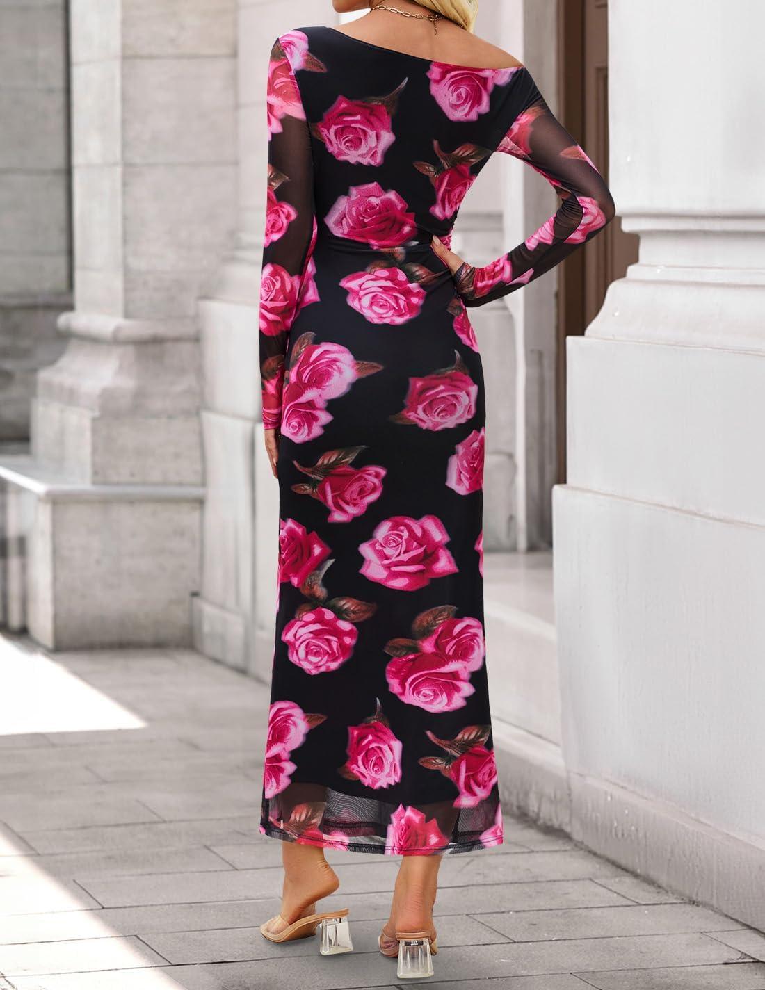 imageZESICA Womens Long Sleeve Floral Maxi Dress 2026 Fall Off Shoulder Bodycon Ruched Mesh Cocktail Wedding Guest DressesPurple