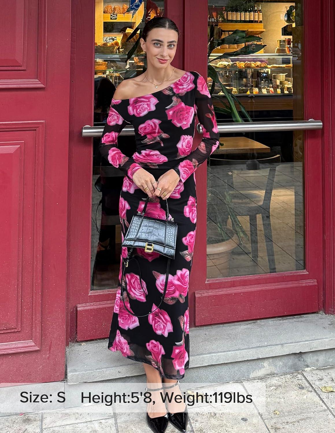imageZESICA Womens Long Sleeve Floral Maxi Dress 2026 Fall Off Shoulder Bodycon Ruched Mesh Cocktail Wedding Guest DressesPurple
