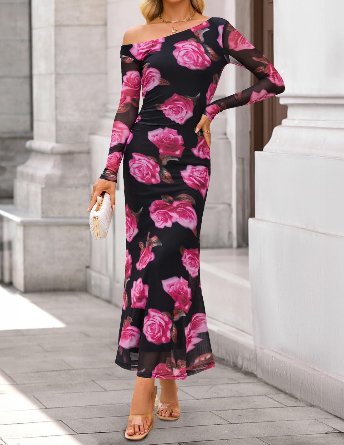 imageZESICA Womens Long Sleeve Floral Maxi Dress 2026 Fall Off Shoulder Bodycon Ruched Mesh Cocktail Wedding Guest DressesPurple