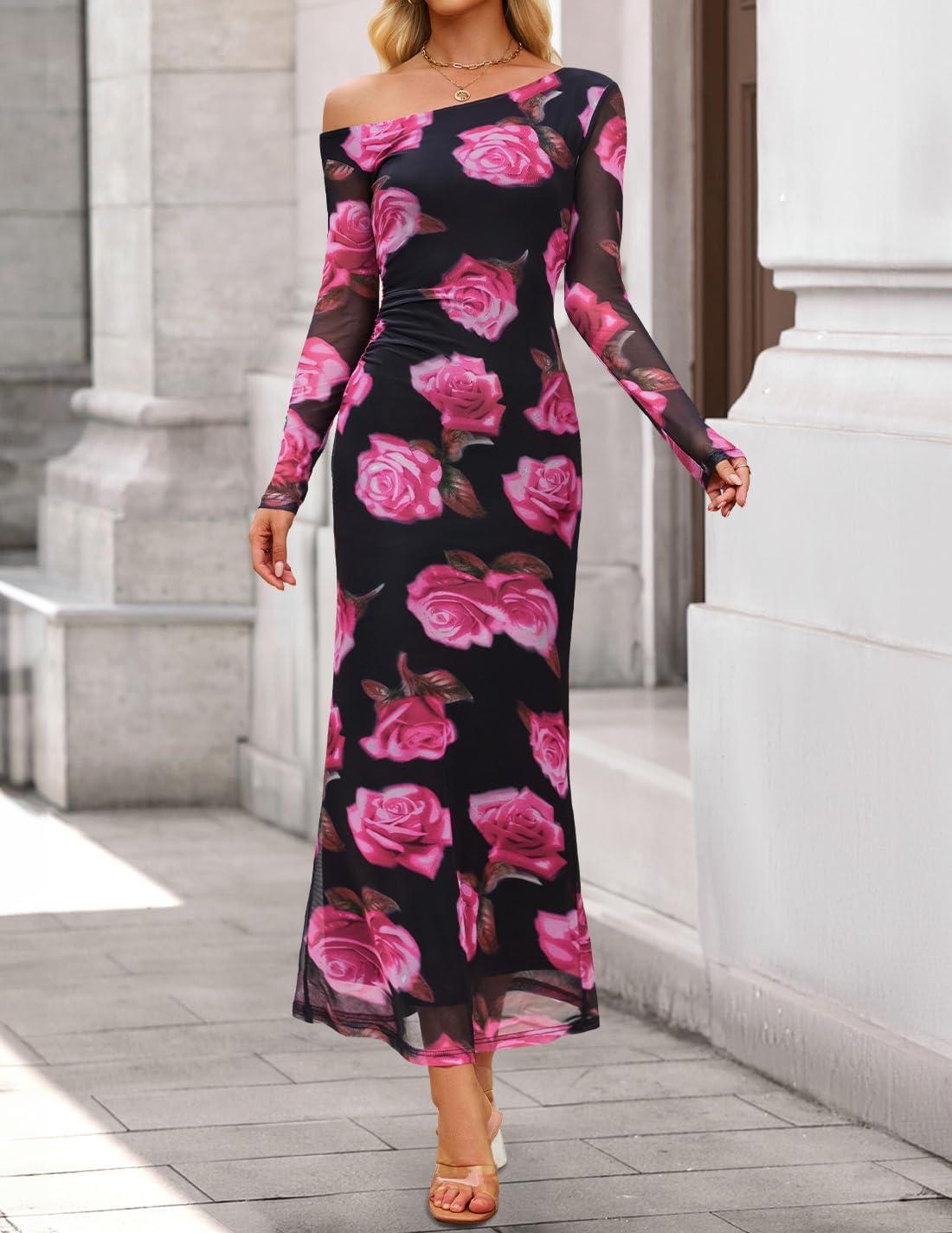 imageZESICA Womens Long Sleeve Floral Maxi Dress 2026 Fall Off Shoulder Bodycon Ruched Mesh Cocktail Wedding Guest DressesPurple