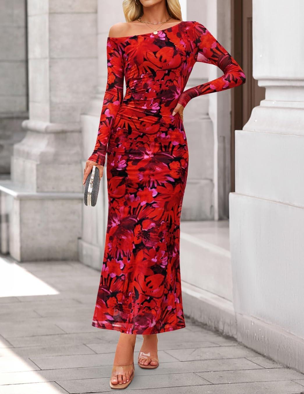 imageZESICA Womens Long Sleeve Floral Maxi Dress 2026 Fall Off Shoulder Bodycon Ruched Mesh Cocktail Wedding Guest DressesRed