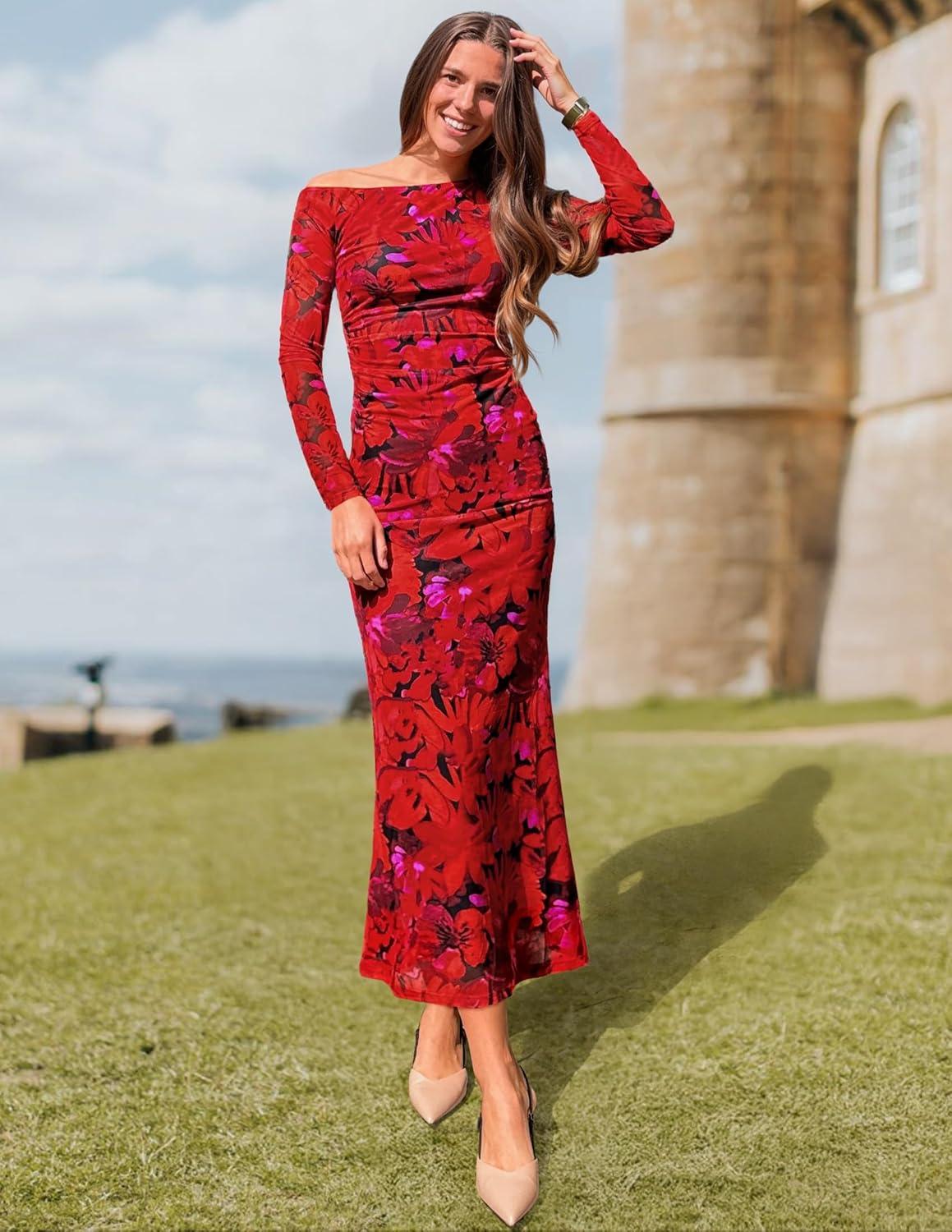 imageZESICA Womens Long Sleeve Floral Maxi Dress 2026 Fall Off Shoulder Bodycon Ruched Mesh Cocktail Wedding Guest DressesRed