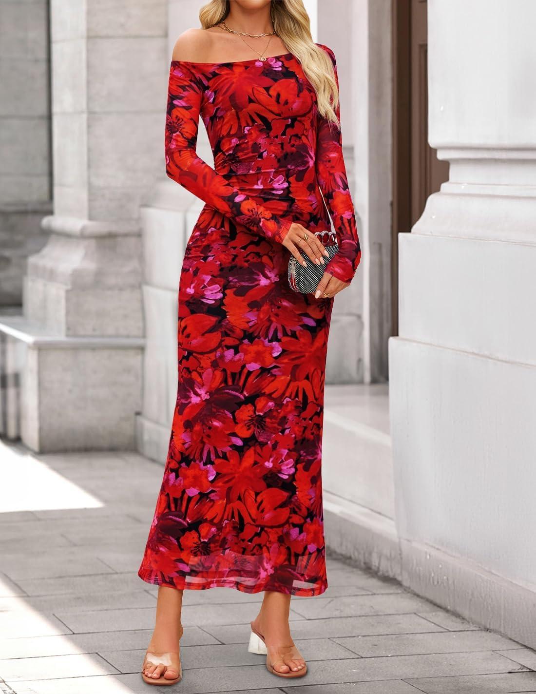 imageZESICA Womens Long Sleeve Floral Maxi Dress 2026 Fall Off Shoulder Bodycon Ruched Mesh Cocktail Wedding Guest DressesRed