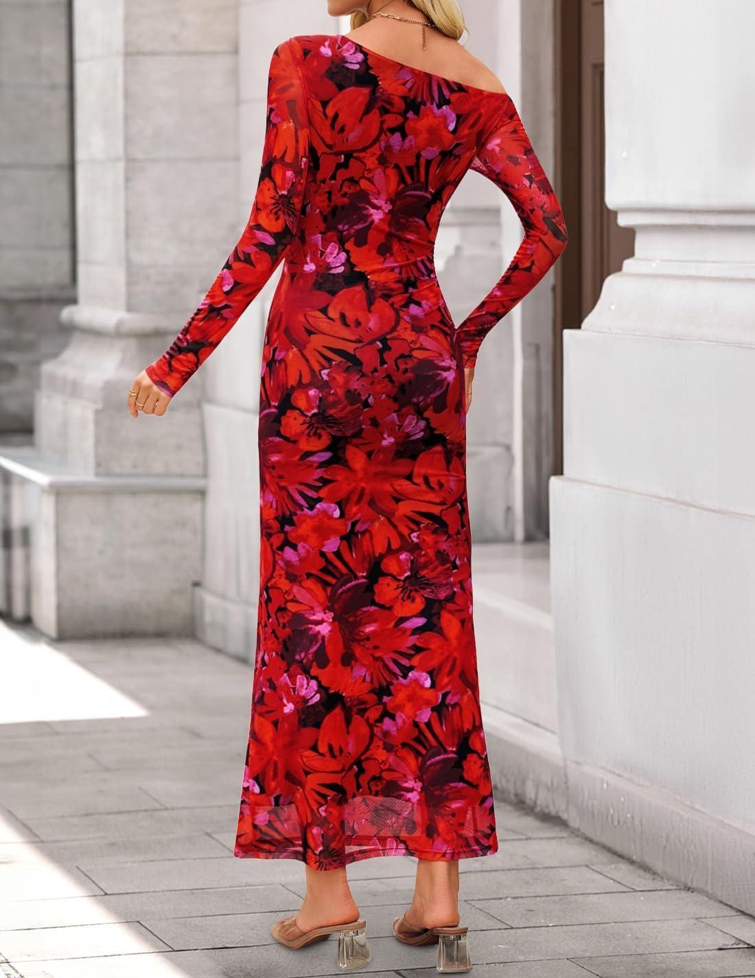 imageZESICA Womens Long Sleeve Floral Maxi Dress 2026 Fall Off Shoulder Bodycon Ruched Mesh Cocktail Wedding Guest DressesRed