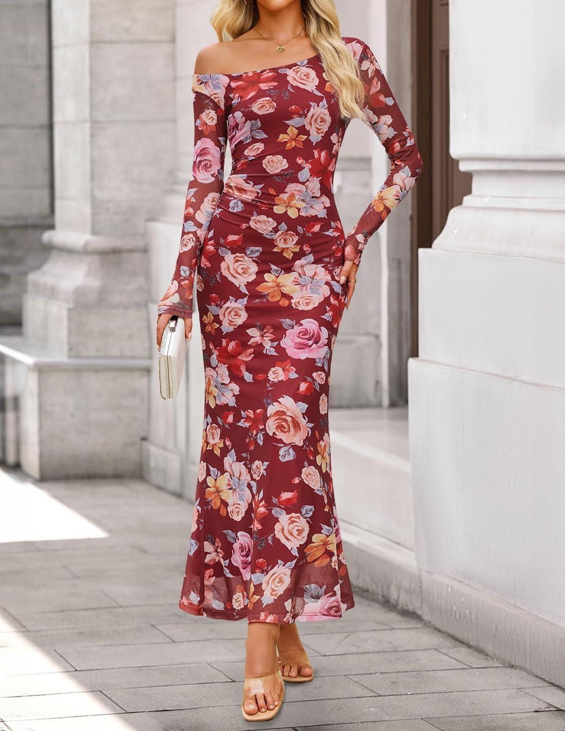 imageZESICA Womens Long Sleeve Floral Maxi Dress 2026 Fall Off Shoulder Bodycon Ruched Mesh Cocktail Wedding Guest DressesWine