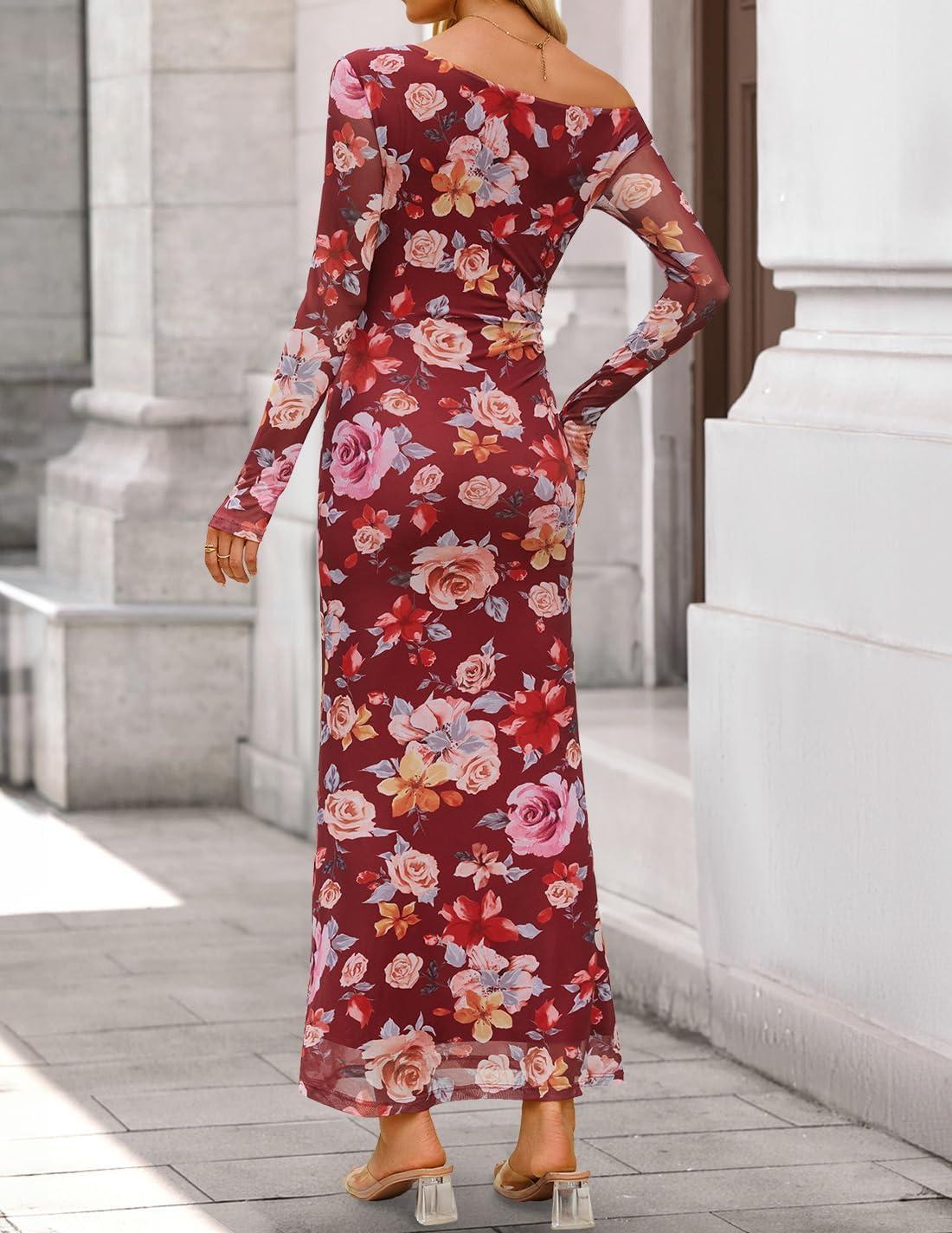 imageZESICA Womens Long Sleeve Floral Maxi Dress 2026 Fall Off Shoulder Bodycon Ruched Mesh Cocktail Wedding Guest DressesWine