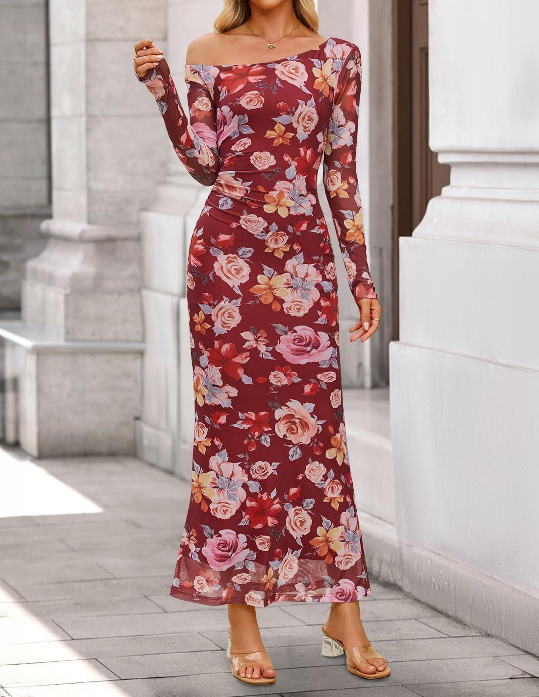 imageZESICA Womens Long Sleeve Floral Maxi Dress 2026 Fall Off Shoulder Bodycon Ruched Mesh Cocktail Wedding Guest DressesWine