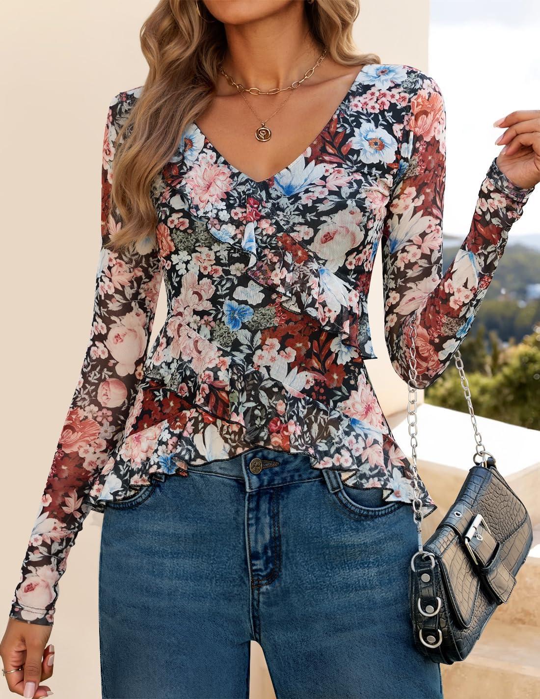 imageZESICA Womens Long Sleeve Floral Shirts V Neck Going Out Ruffle Tops Blouses 2026 Fall Fashion Clothes OutfitsBlack