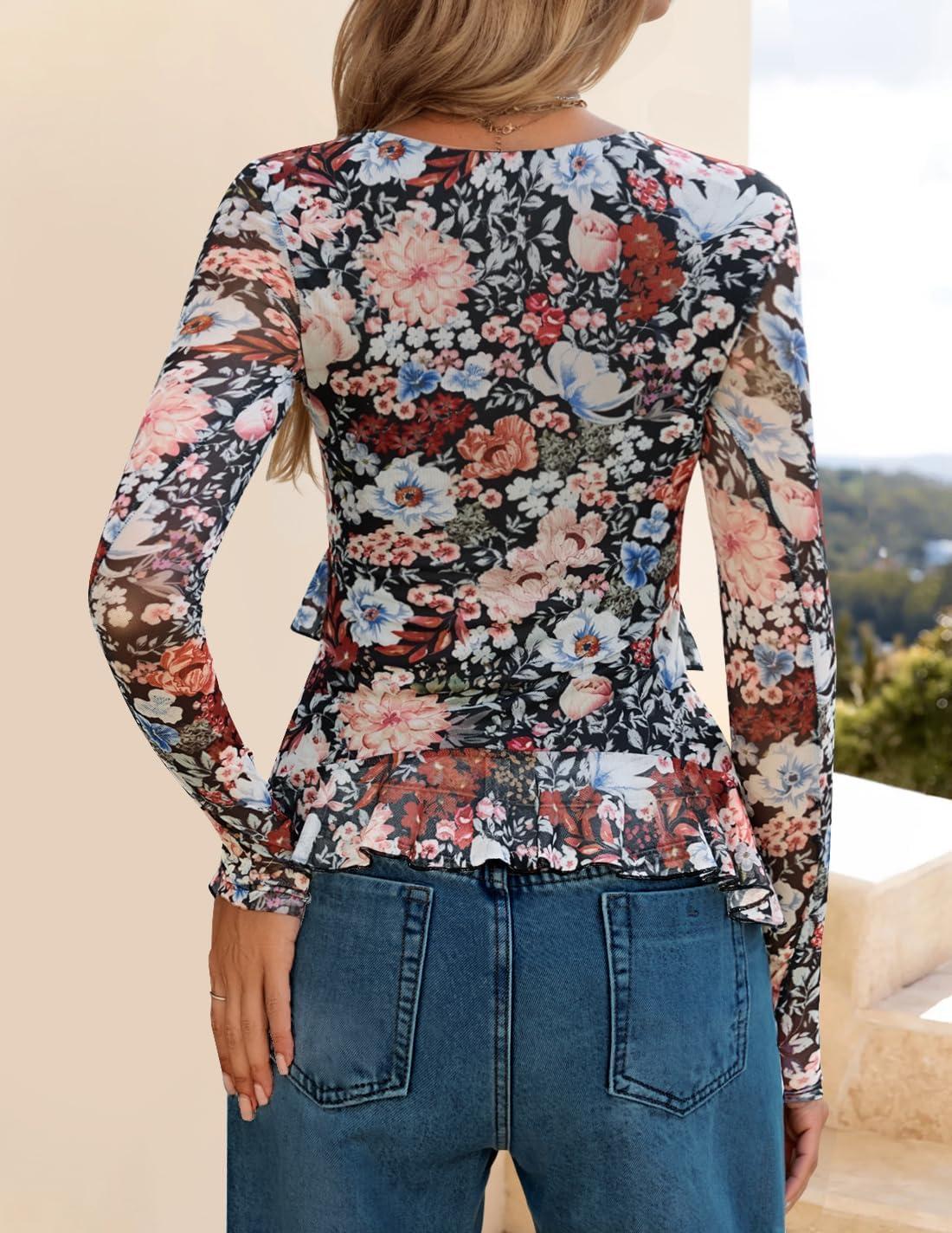 imageZESICA Womens Long Sleeve Floral Shirts V Neck Going Out Ruffle Tops Blouses 2026 Fall Fashion Clothes OutfitsBlack