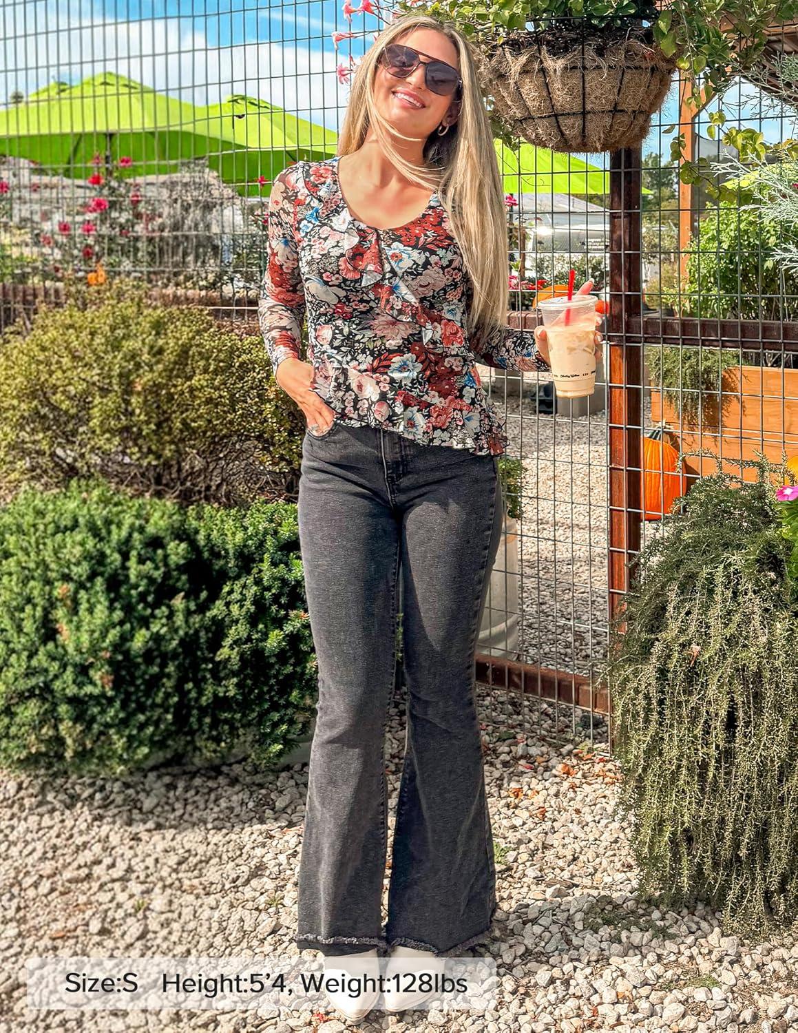 imageZESICA Womens Long Sleeve Floral Shirts V Neck Going Out Ruffle Tops Blouses 2026 Fall Fashion Clothes OutfitsBlack