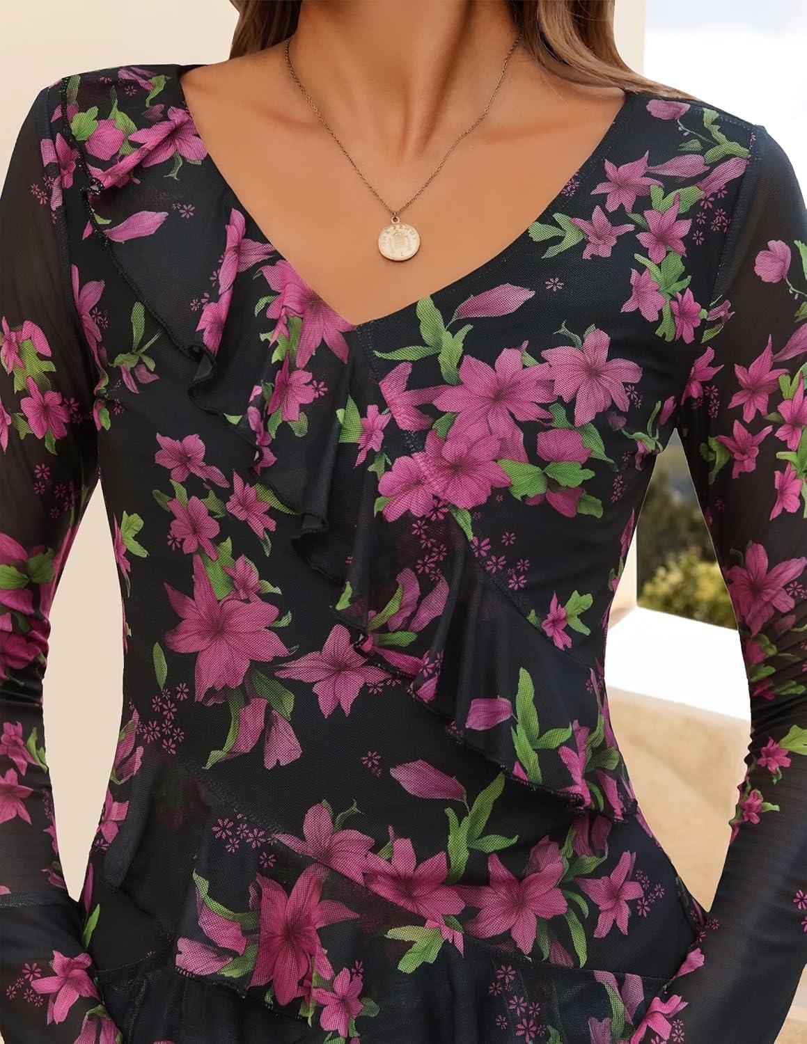 imageZESICA Womens Long Sleeve Floral Shirts V Neck Going Out Ruffle Tops Blouses 2026 Fall Fashion Clothes OutfitsBlackrose