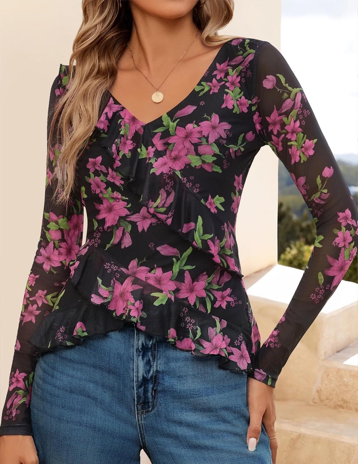 imageZESICA Womens Long Sleeve Floral Shirts V Neck Going Out Ruffle Tops Blouses 2026 Fall Fashion Clothes OutfitsBlackrose