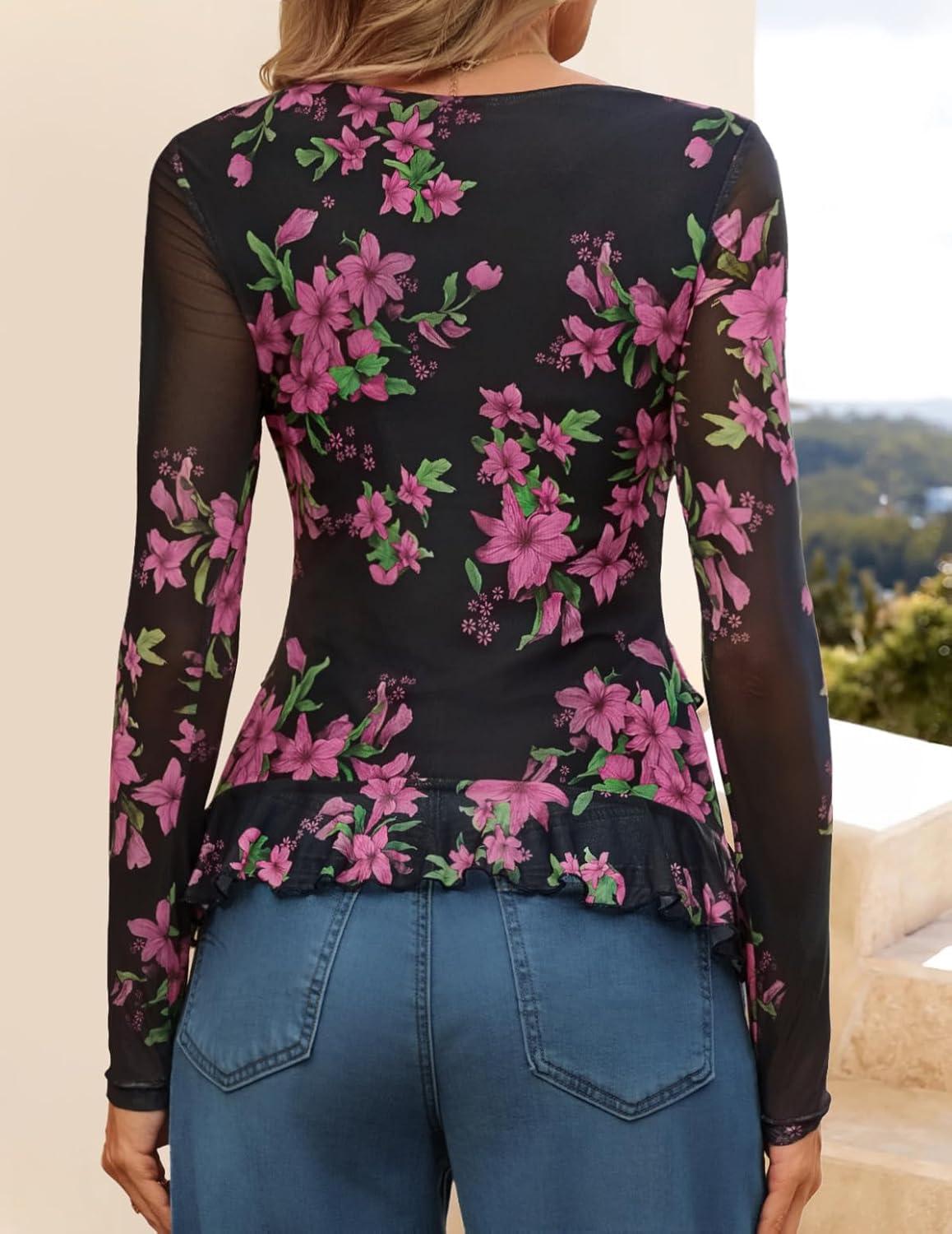 imageZESICA Womens Long Sleeve Floral Shirts V Neck Going Out Ruffle Tops Blouses 2026 Fall Fashion Clothes OutfitsBlackrose