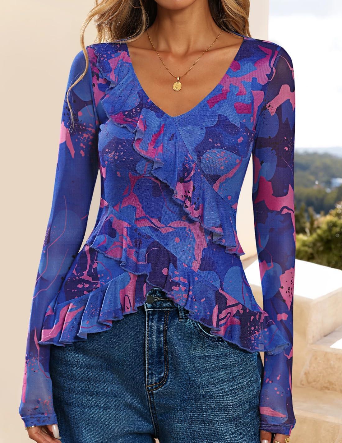 imageZESICA Womens Long Sleeve Floral Shirts V Neck Going Out Ruffle Tops Blouses 2026 Fall Fashion Clothes OutfitsBlue