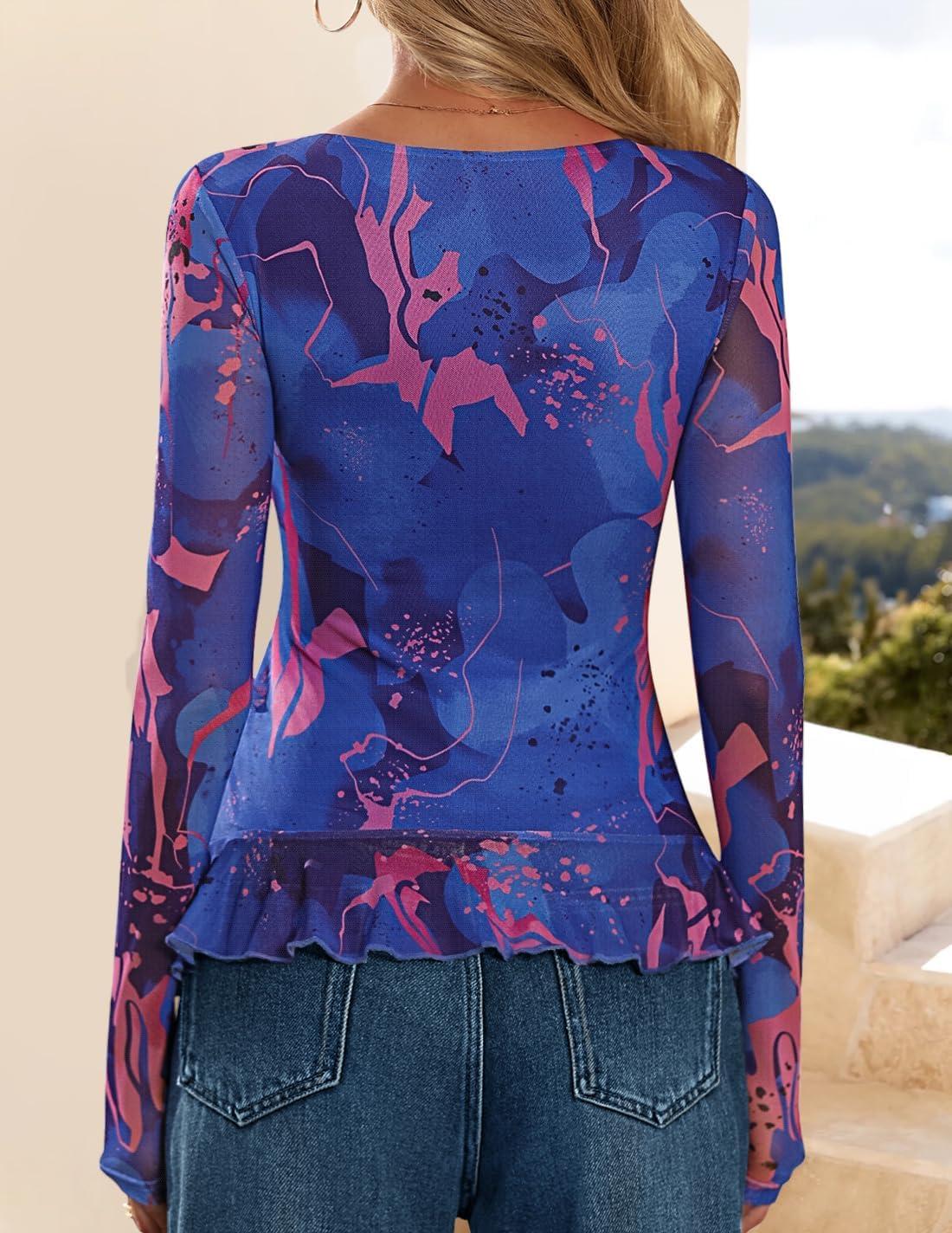 imageZESICA Womens Long Sleeve Floral Shirts V Neck Going Out Ruffle Tops Blouses 2026 Fall Fashion Clothes OutfitsBlue