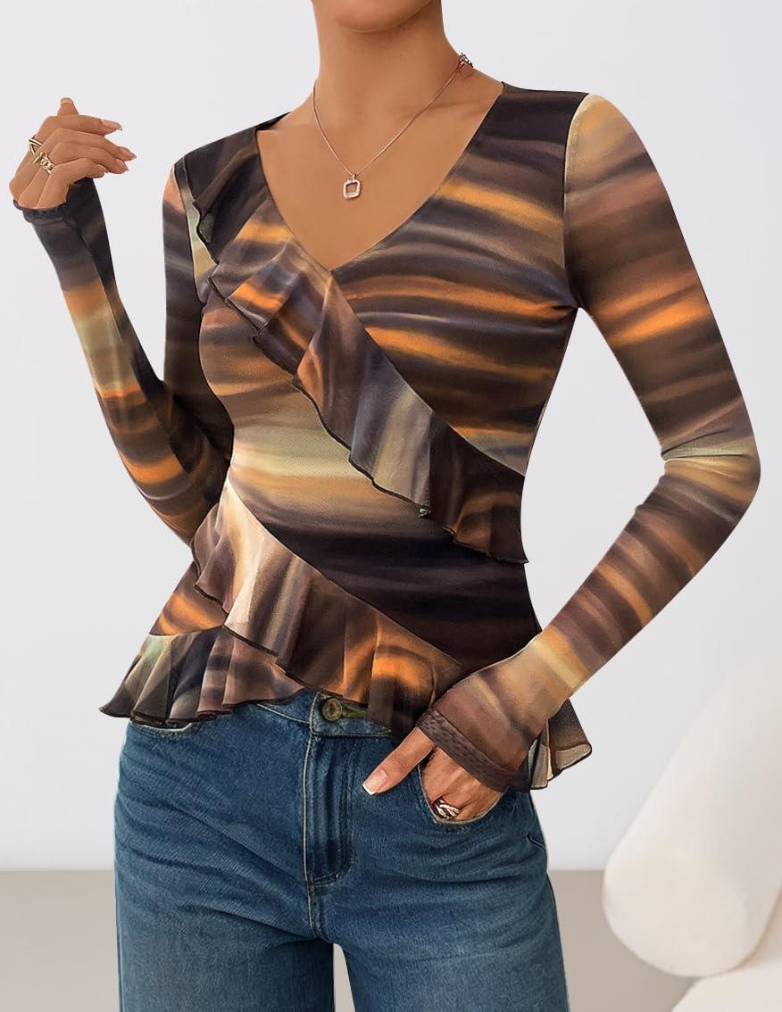 imageZESICA Womens Long Sleeve Floral Shirts V Neck Going Out Ruffle Tops Blouses 2026 Fall Fashion Clothes OutfitsBrown