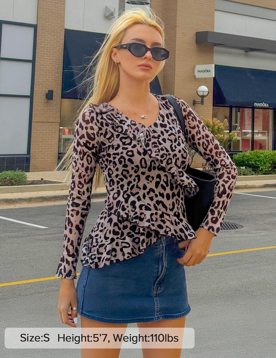 imageZESICA Womens Long Sleeve Floral Shirts V Neck Going Out Ruffle Tops Blouses 2026 Fall Fashion Clothes OutfitsBrownleopard