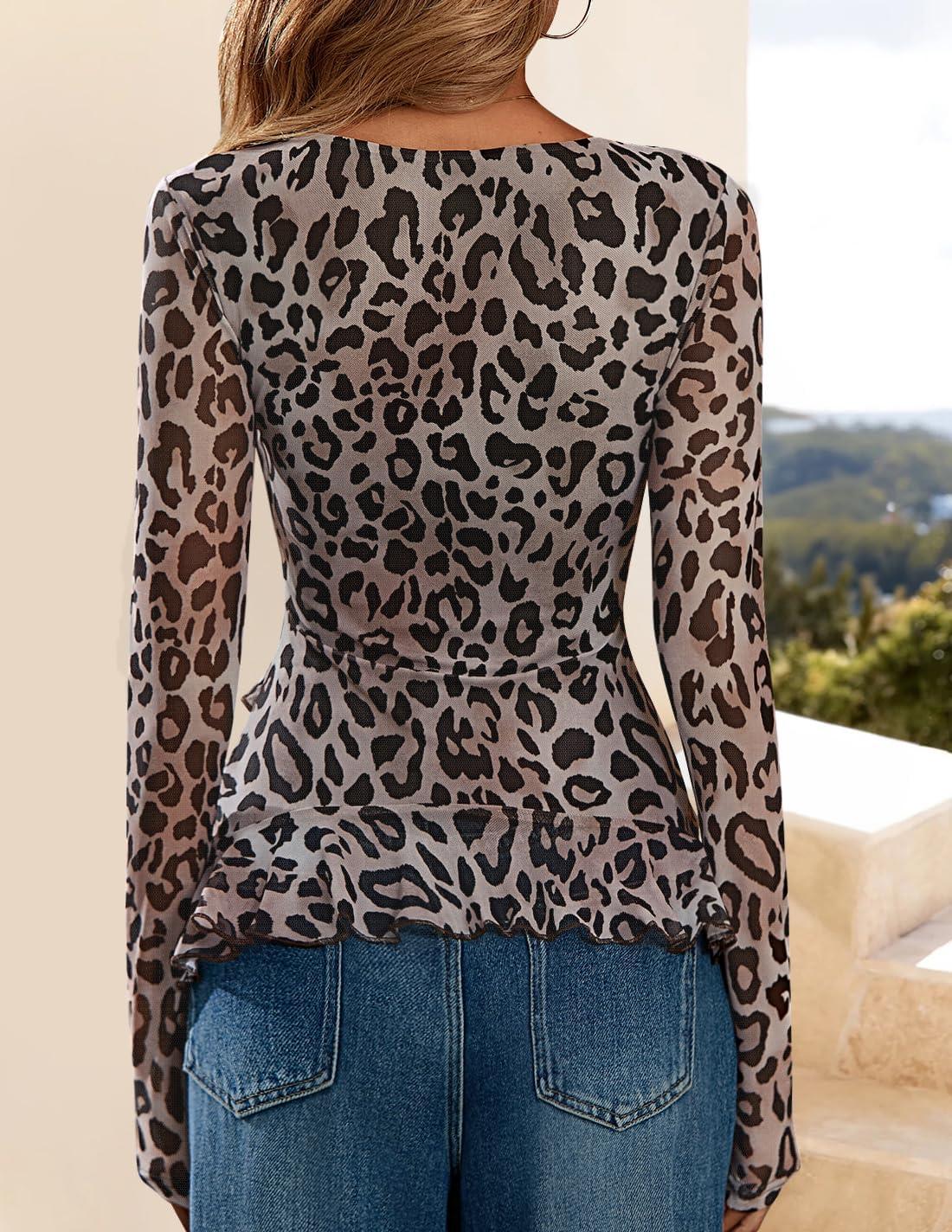 imageZESICA Womens Long Sleeve Floral Shirts V Neck Going Out Ruffle Tops Blouses 2026 Fall Fashion Clothes OutfitsBrownleopard