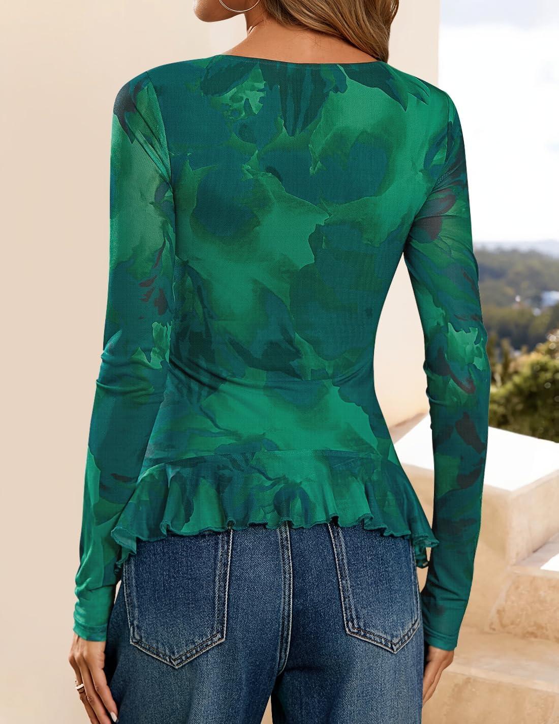imageZESICA Womens Long Sleeve Floral Shirts V Neck Going Out Ruffle Tops Blouses 2026 Fall Fashion Clothes OutfitsGreen