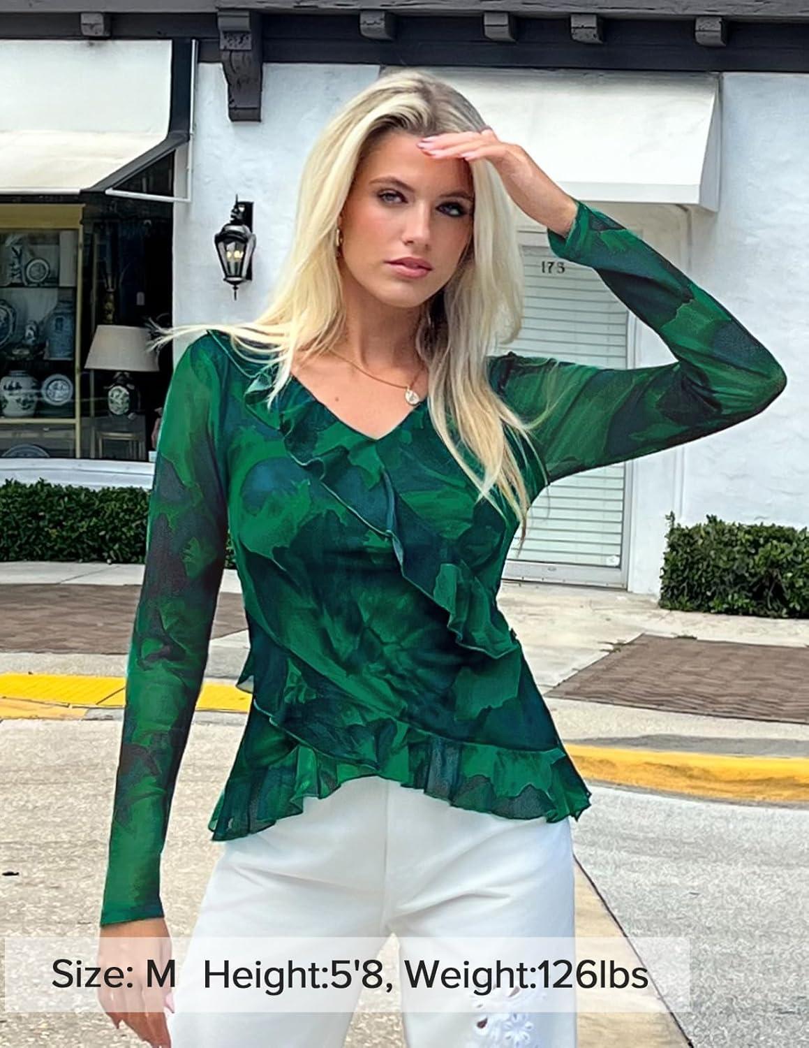 imageZESICA Womens Long Sleeve Floral Shirts V Neck Going Out Ruffle Tops Blouses 2026 Fall Fashion Clothes OutfitsGreen