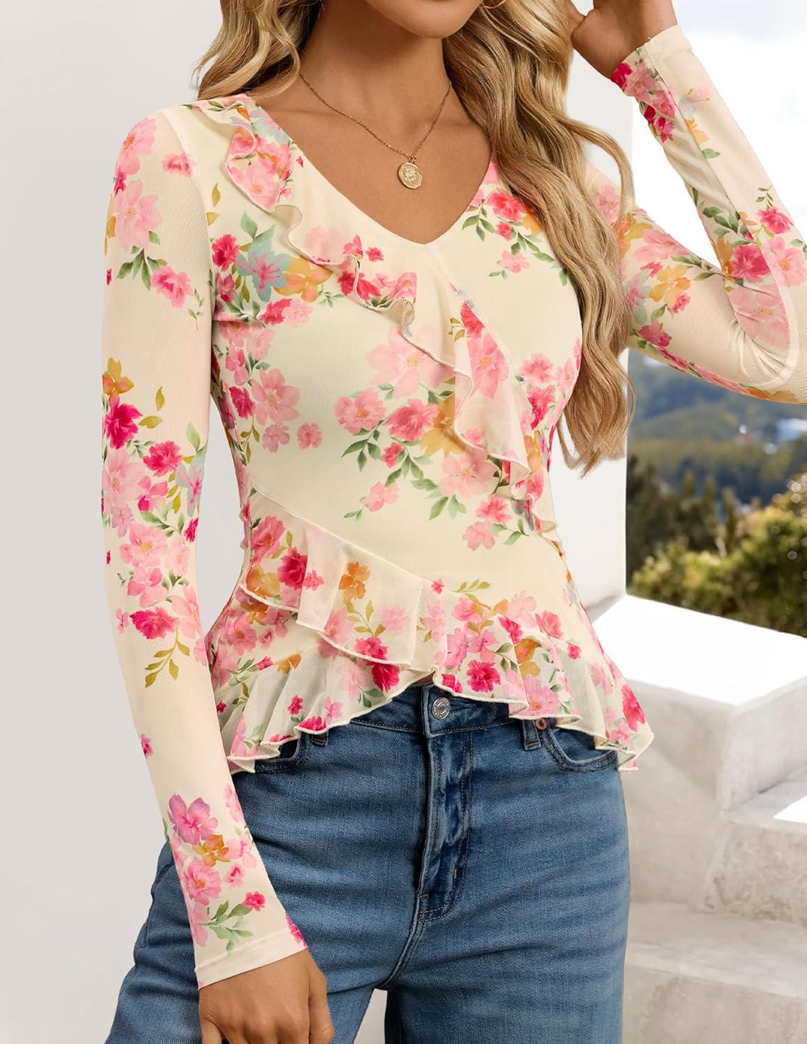 imageZESICA Womens Long Sleeve Floral Shirts V Neck Going Out Ruffle Tops Blouses 2026 Fall Fashion Clothes OutfitsLightyellow