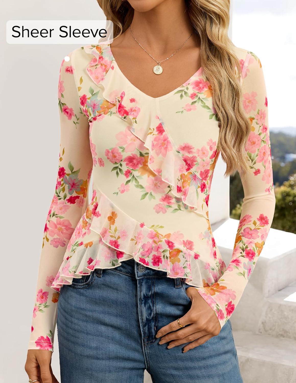 imageZESICA Womens Long Sleeve Floral Shirts V Neck Going Out Ruffle Tops Blouses 2026 Fall Fashion Clothes OutfitsLightyellow
