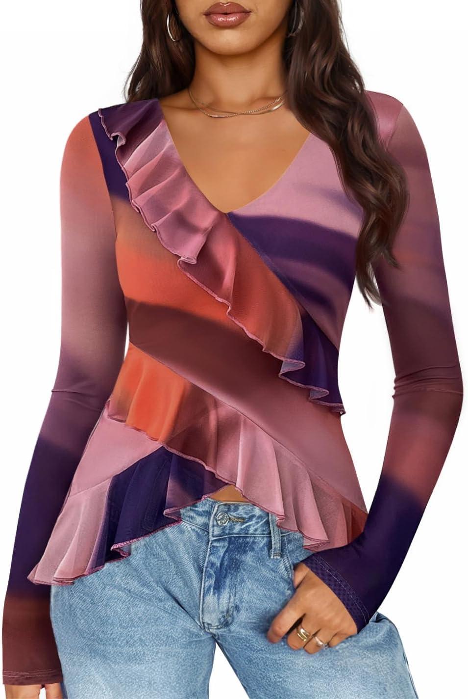 imageZESICA Womens Long Sleeve Floral Shirts V Neck Going Out Ruffle Tops Blouses 2026 Fall Fashion Clothes OutfitsMulticolour