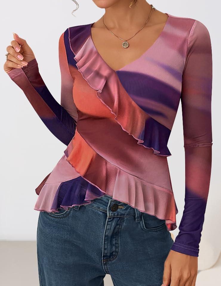 imageZESICA Womens Long Sleeve Floral Shirts V Neck Going Out Ruffle Tops Blouses 2026 Fall Fashion Clothes OutfitsMulticolour