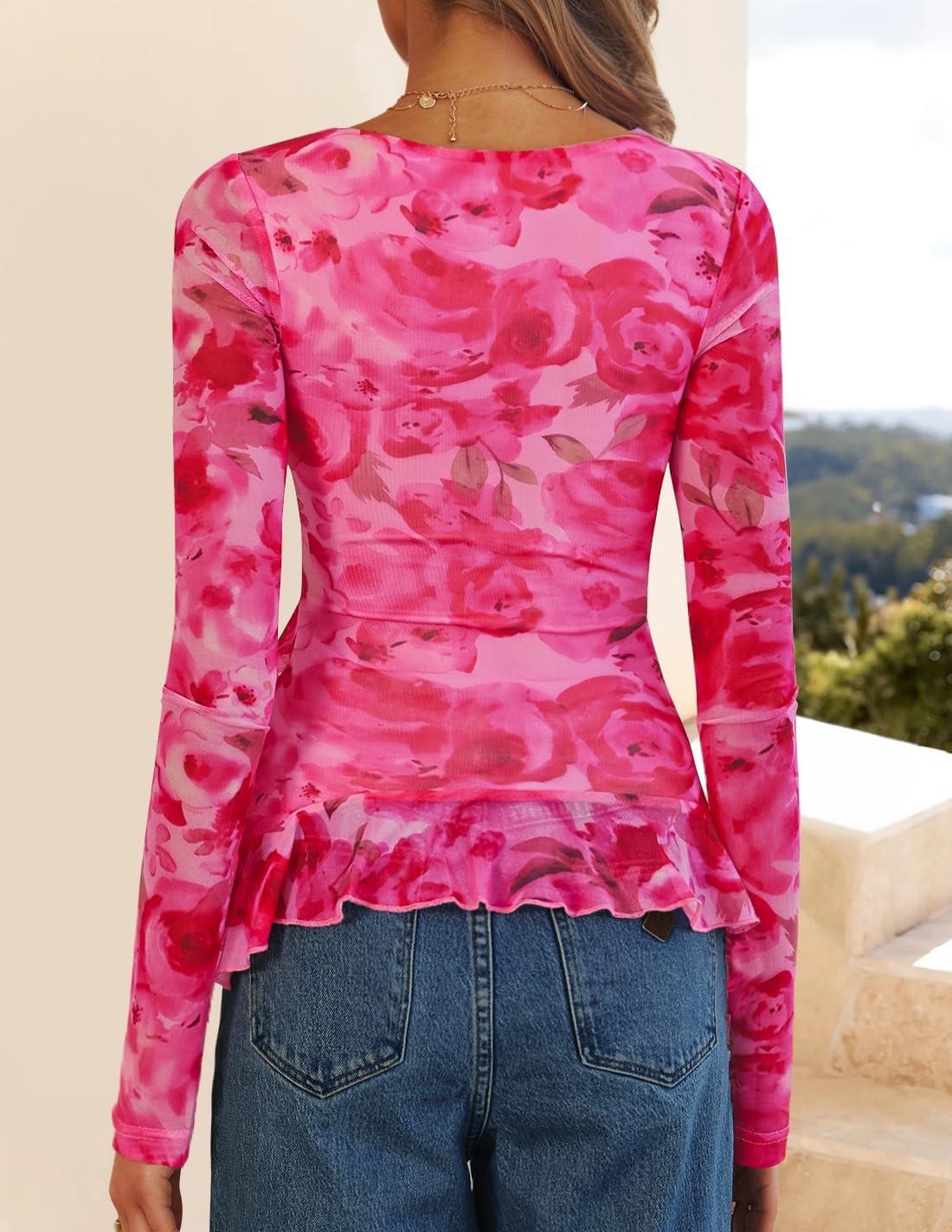 imageZESICA Womens Long Sleeve Floral Shirts V Neck Going Out Ruffle Tops Blouses 2026 Fall Fashion Clothes OutfitsPink