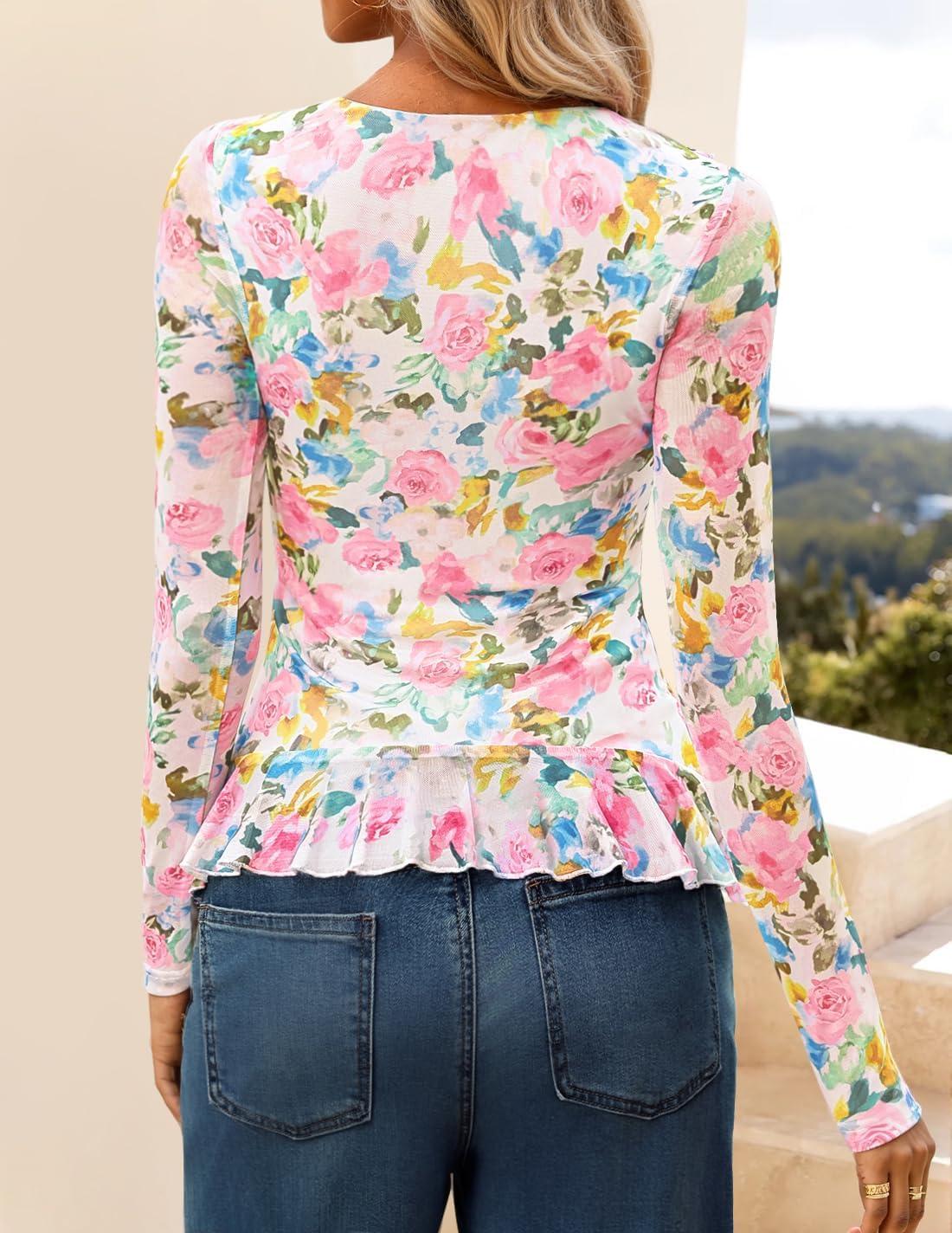 imageZESICA Womens Long Sleeve Floral Shirts V Neck Going Out Ruffle Tops Blouses 2026 Fall Fashion Clothes OutfitsPinkgreen