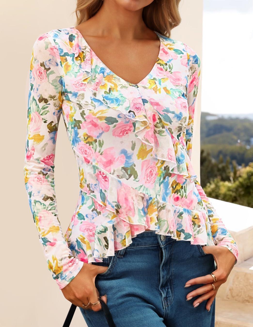 imageZESICA Womens Long Sleeve Floral Shirts V Neck Going Out Ruffle Tops Blouses 2026 Fall Fashion Clothes OutfitsPinkgreen