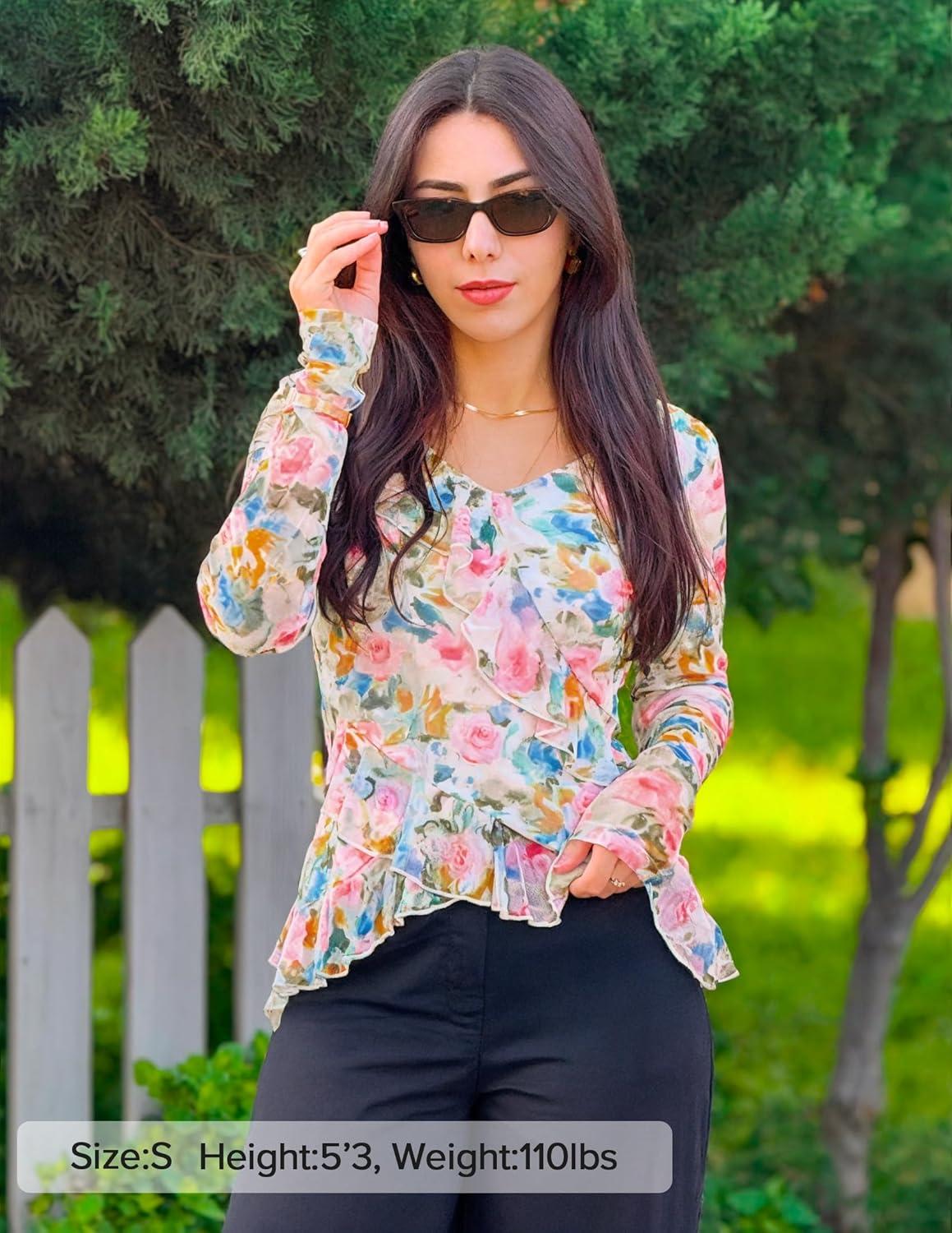 imageZESICA Womens Long Sleeve Floral Shirts V Neck Going Out Ruffle Tops Blouses 2026 Fall Fashion Clothes OutfitsPinkgreen
