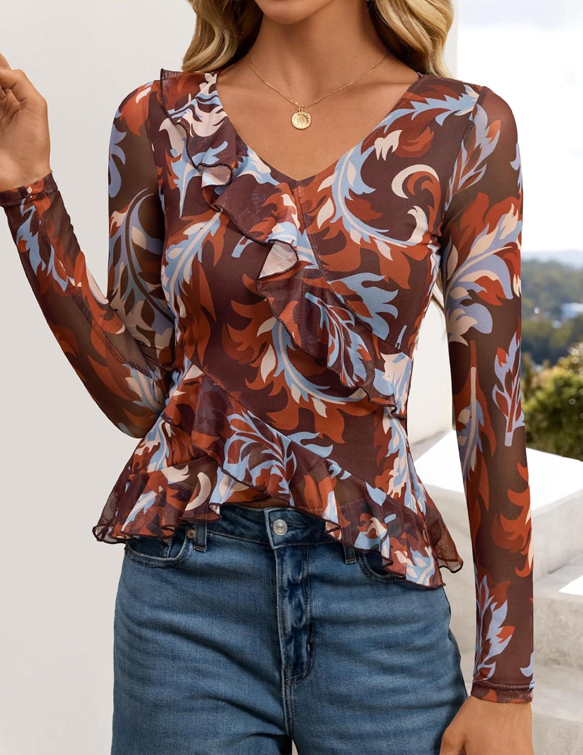 imageZESICA Womens Long Sleeve Floral Shirts V Neck Going Out Ruffle Tops Blouses 2026 Fall Fashion Clothes OutfitsWine