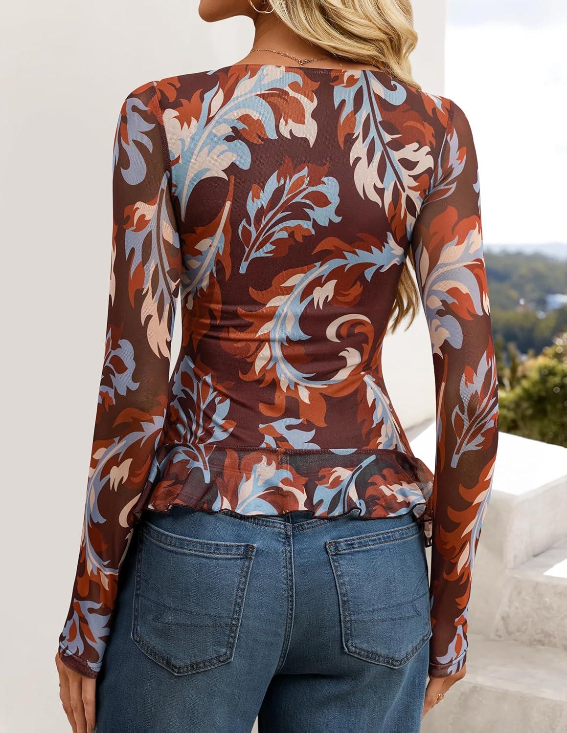 imageZESICA Womens Long Sleeve Floral Shirts V Neck Going Out Ruffle Tops Blouses 2026 Fall Fashion Clothes OutfitsWine