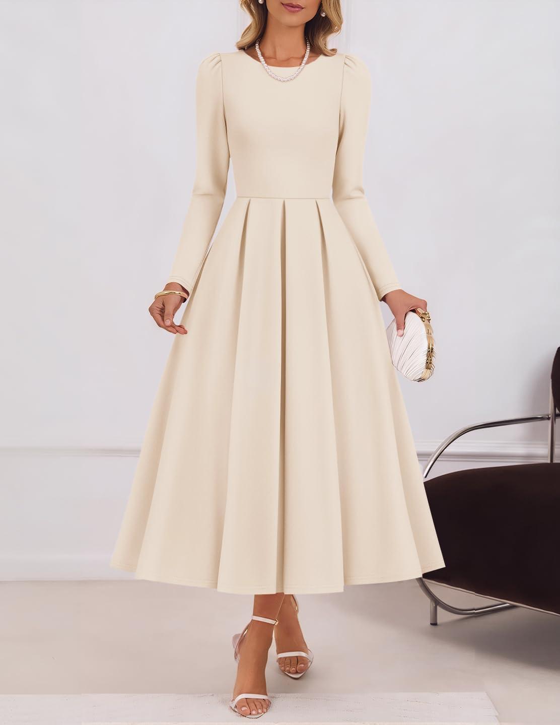 imageZESICA Womens Long Sleeve Midi Dresses 2026 Spring Elegant Crewneck Swing A Line Wedding Guest Party Dress with PocketsApricot