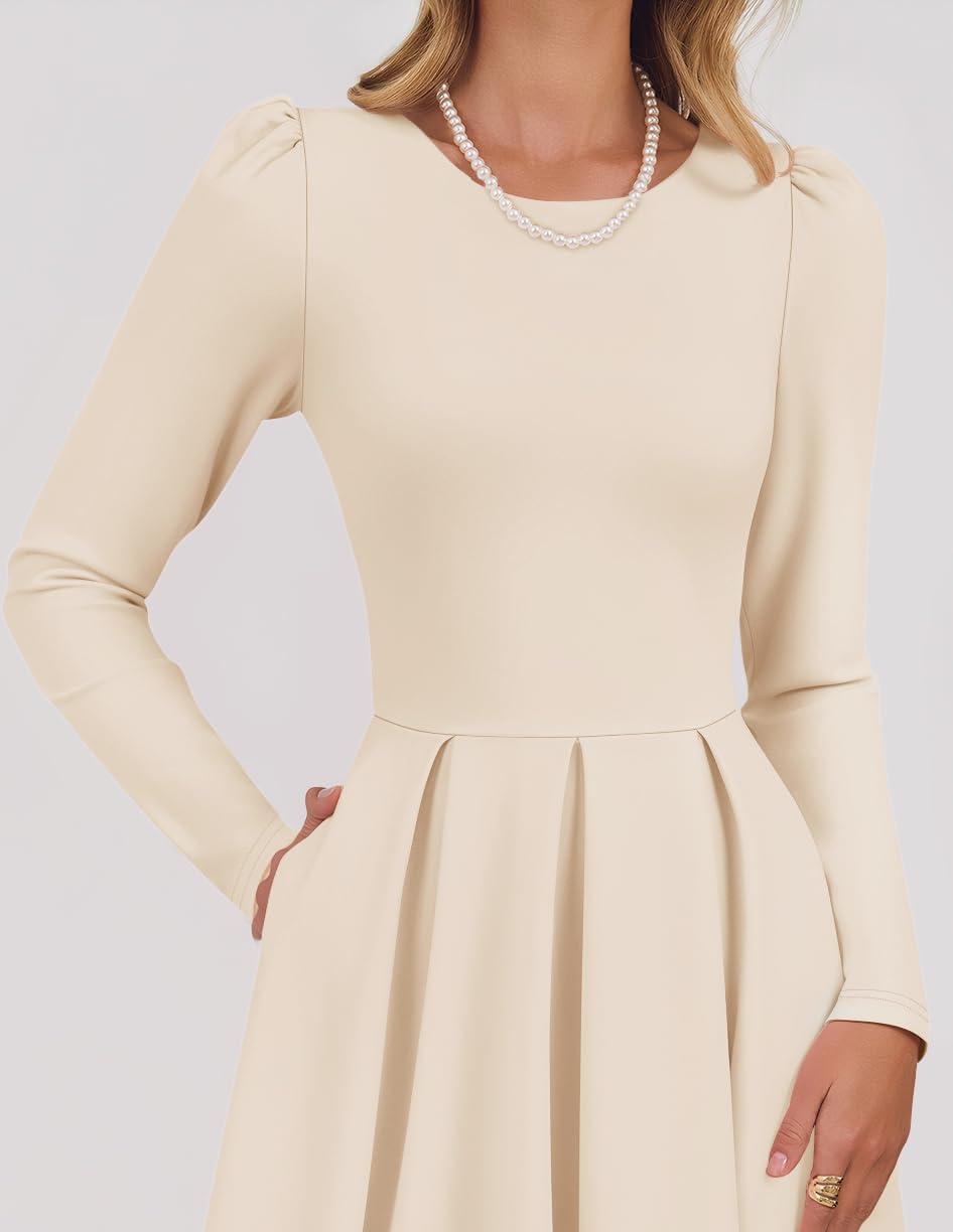 imageZESICA Womens Long Sleeve Midi Dresses 2026 Spring Elegant Crewneck Swing A Line Wedding Guest Party Dress with PocketsApricot