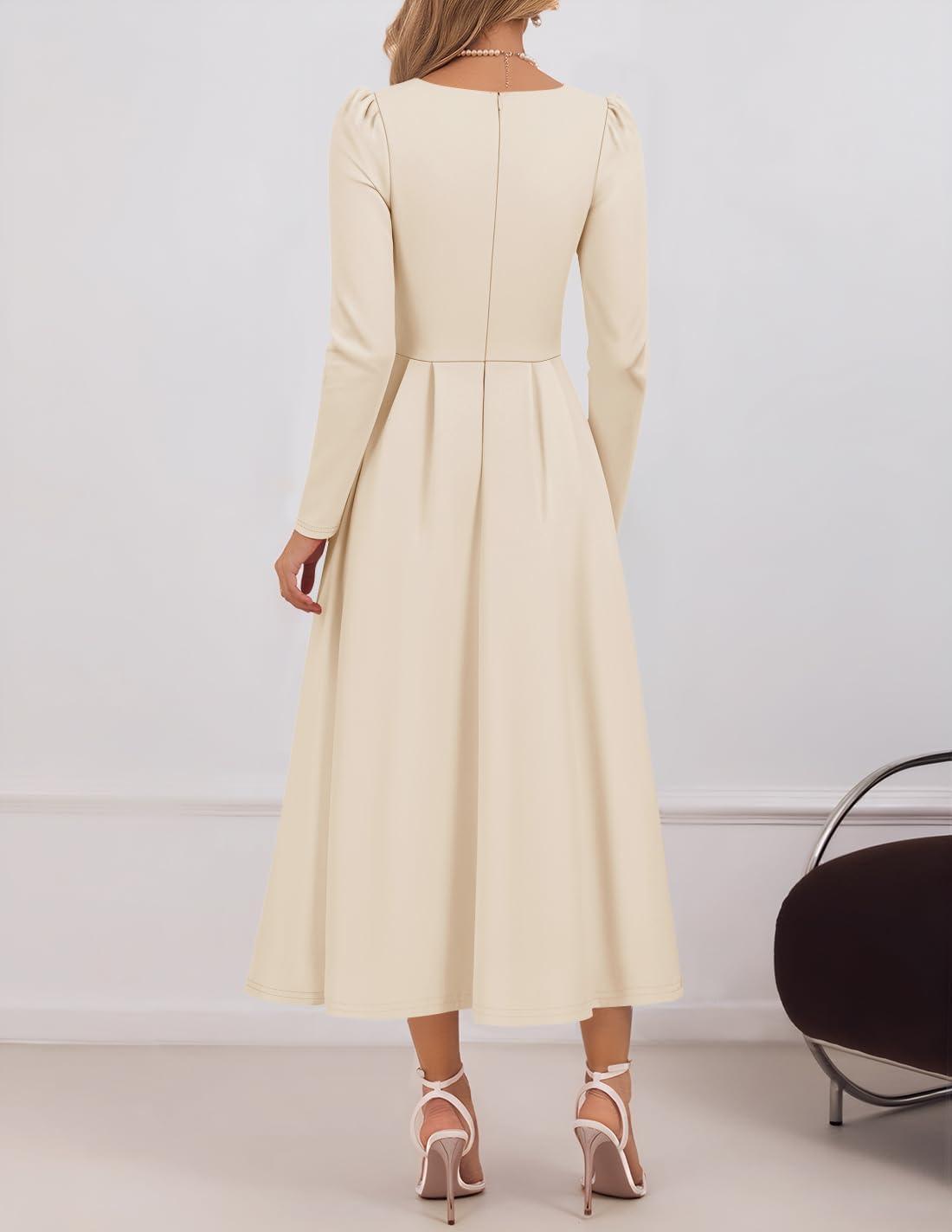 imageZESICA Womens Long Sleeve Midi Dresses 2026 Spring Elegant Crewneck Swing A Line Wedding Guest Party Dress with PocketsApricot