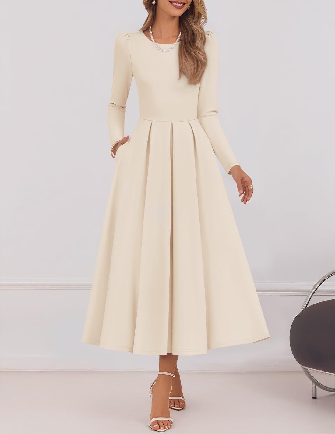 imageZESICA Womens Long Sleeve Midi Dresses 2026 Spring Elegant Crewneck Swing A Line Wedding Guest Party Dress with PocketsApricot