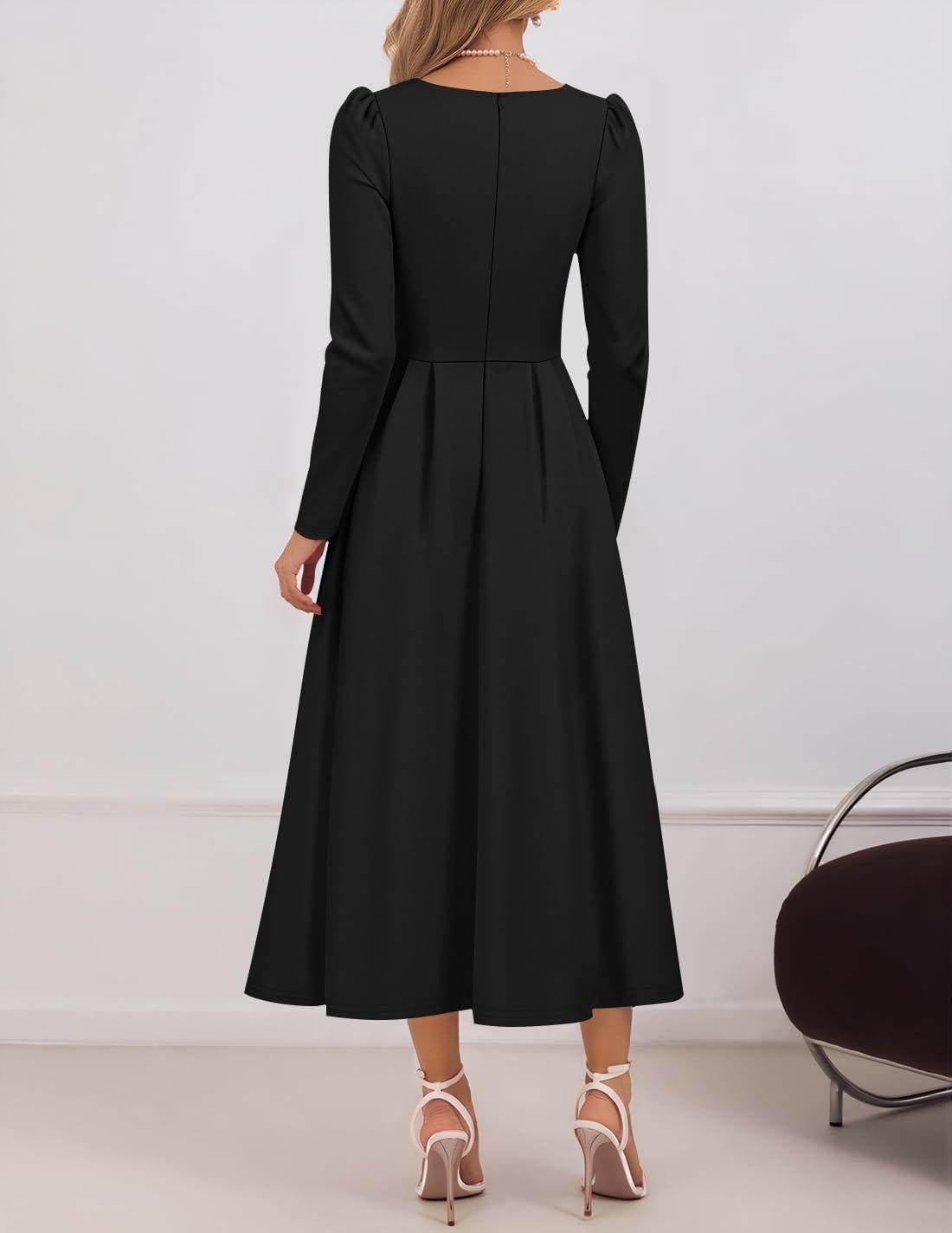 imageZESICA Womens Long Sleeve Midi Dresses 2026 Spring Elegant Crewneck Swing A Line Wedding Guest Party Dress with PocketsBlack