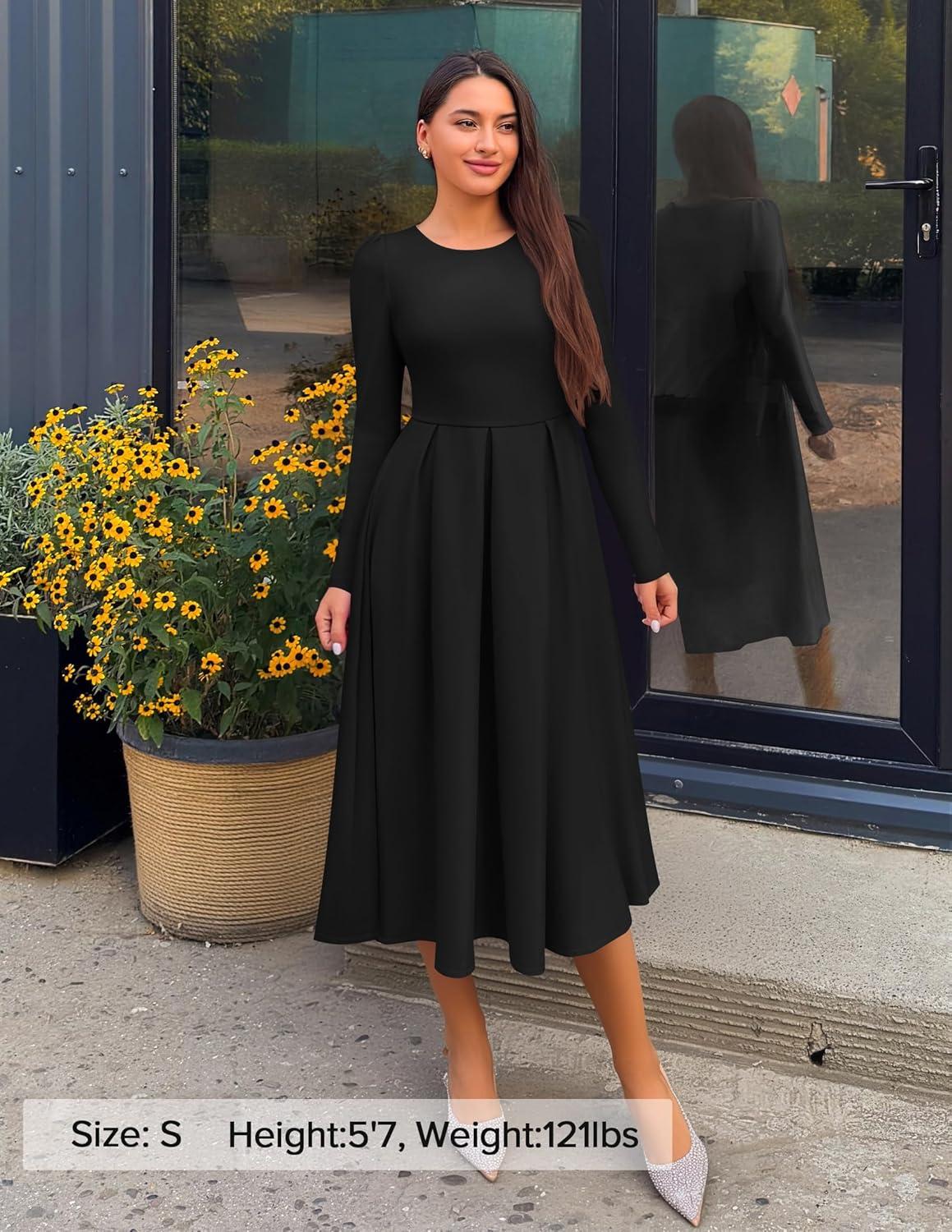 imageZESICA Womens Long Sleeve Midi Dresses 2026 Spring Elegant Crewneck Swing A Line Wedding Guest Party Dress with PocketsBlack