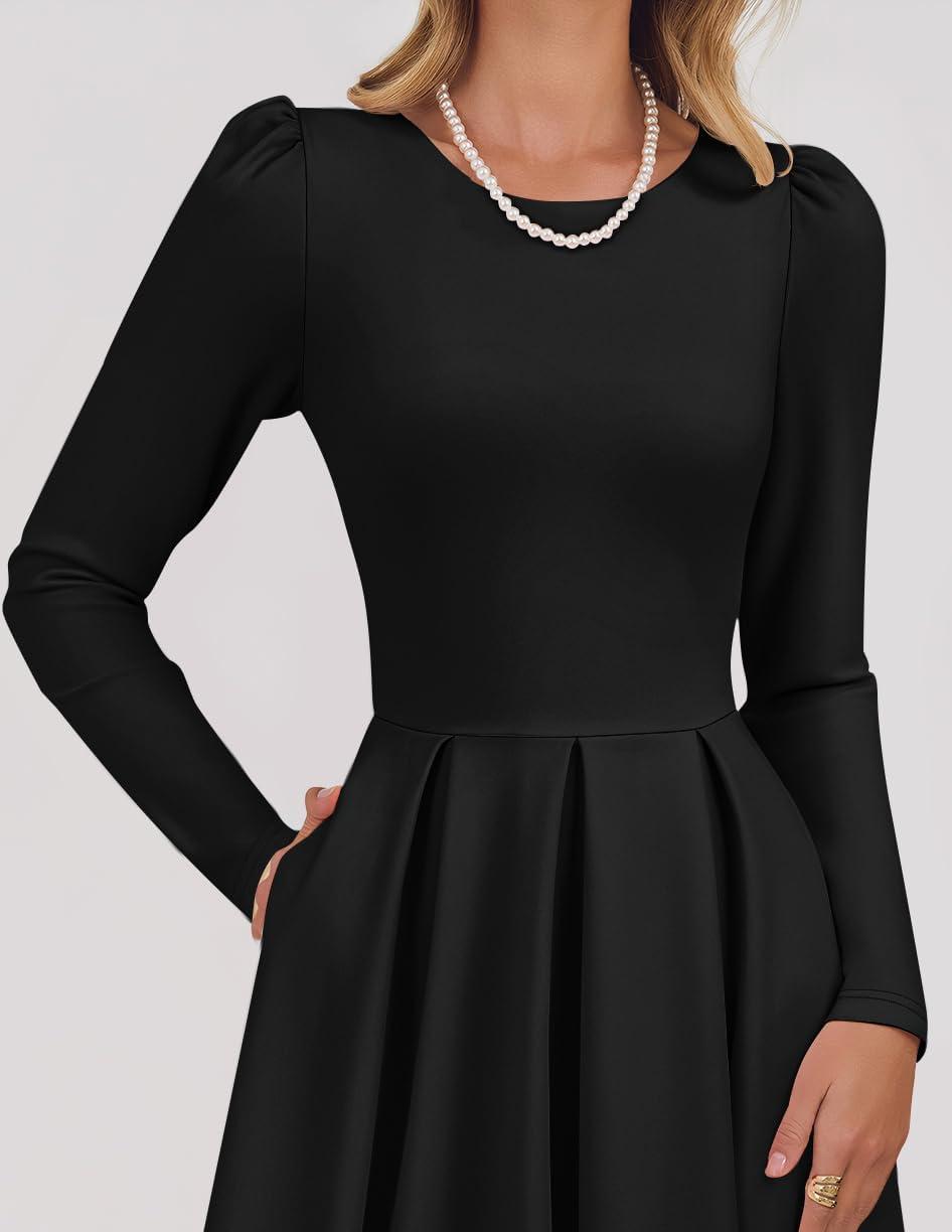 imageZESICA Womens Long Sleeve Midi Dresses 2026 Spring Elegant Crewneck Swing A Line Wedding Guest Party Dress with PocketsBlack