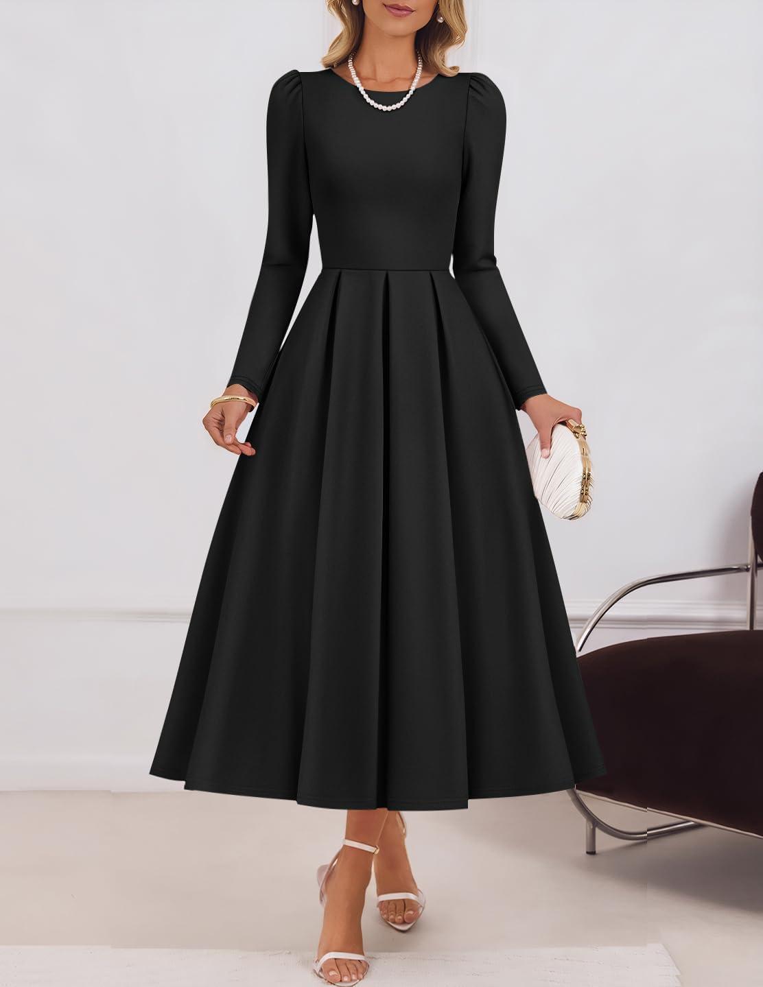 imageZESICA Womens Long Sleeve Midi Dresses 2026 Spring Elegant Crewneck Swing A Line Wedding Guest Party Dress with PocketsBlack