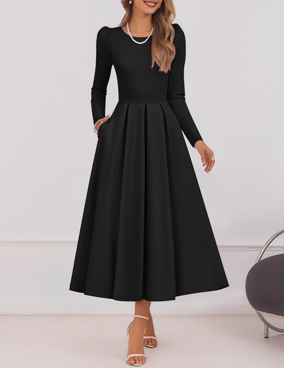 imageZESICA Womens Long Sleeve Midi Dresses 2026 Spring Elegant Crewneck Swing A Line Wedding Guest Party Dress with PocketsBlack