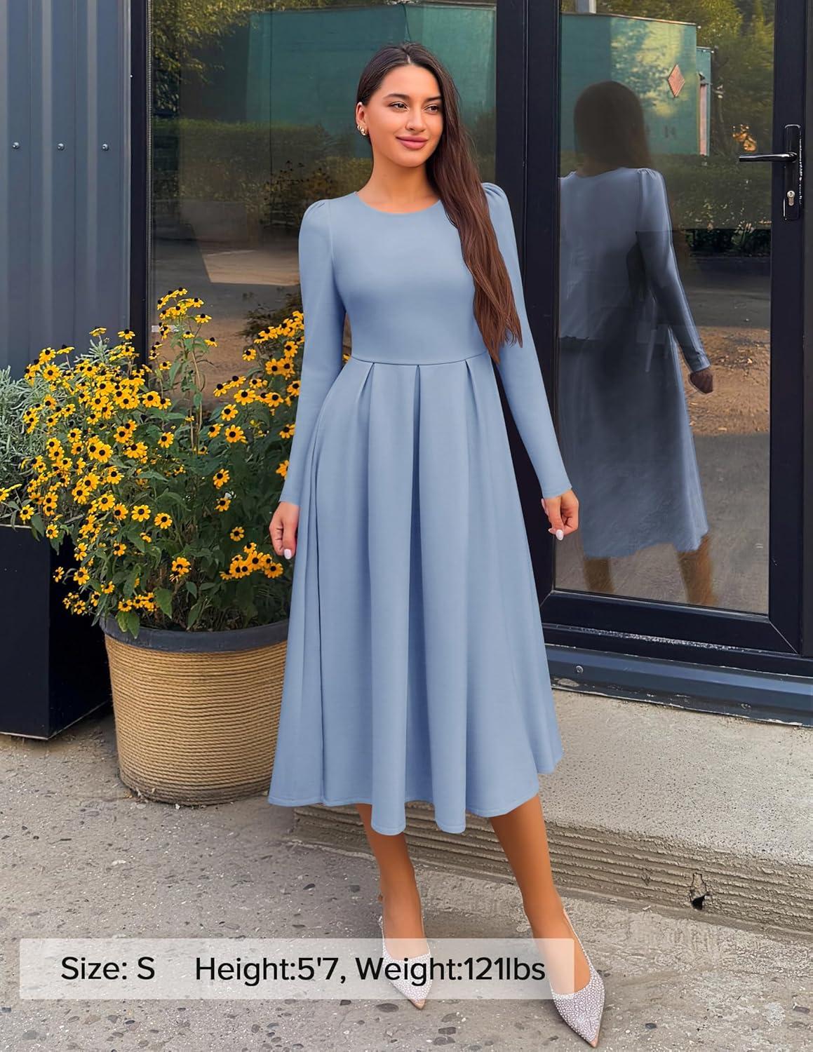 imageZESICA Womens Long Sleeve Midi Dresses 2026 Spring Elegant Crewneck Swing A Line Wedding Guest Party Dress with PocketsBlue