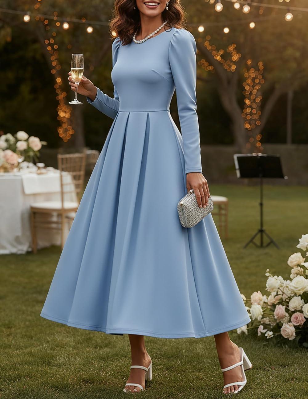 imageZESICA Womens Long Sleeve Midi Dresses 2026 Spring Elegant Crewneck Swing A Line Wedding Guest Party Dress with PocketsBlue