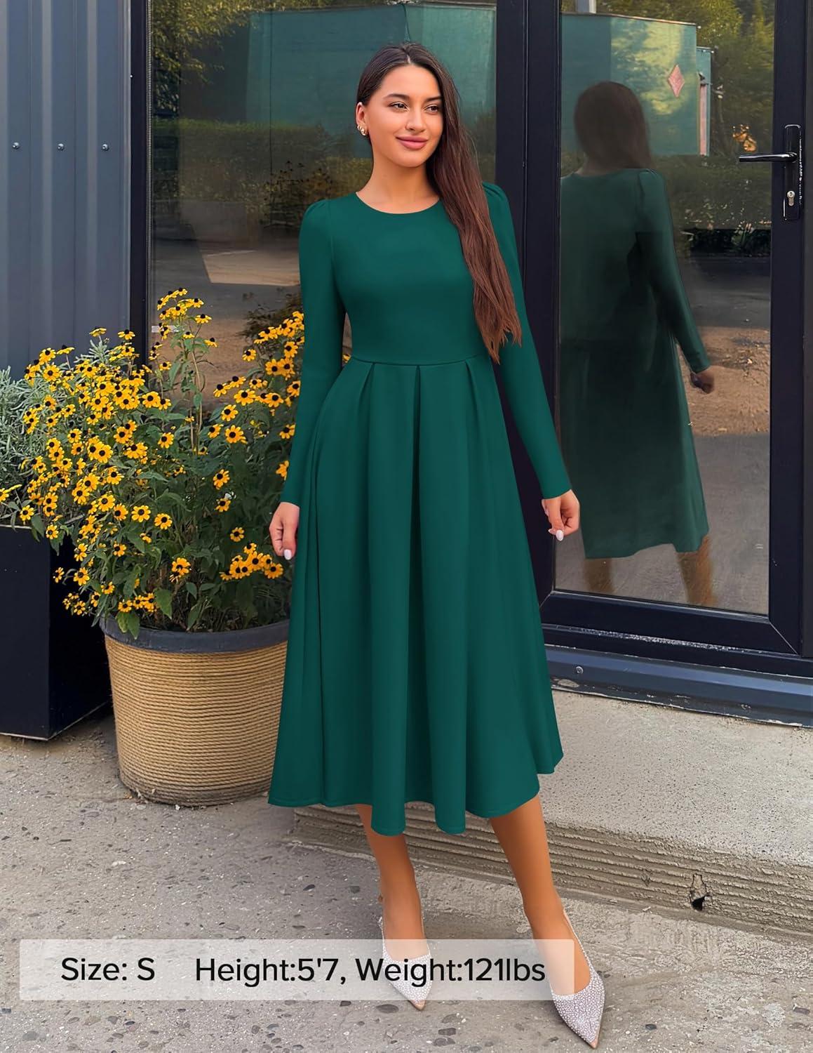 imageZESICA Womens Long Sleeve Midi Dresses 2026 Spring Elegant Crewneck Swing A Line Wedding Guest Party Dress with PocketsGreen