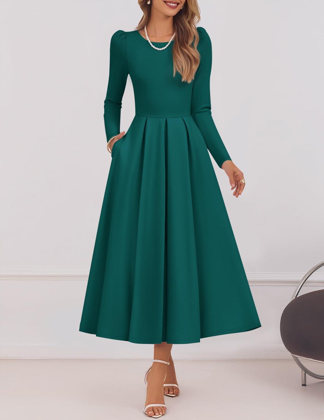 imageZESICA Womens Long Sleeve Midi Dresses 2026 Spring Elegant Crewneck Swing A Line Wedding Guest Party Dress with PocketsGreen