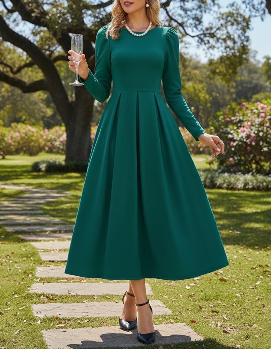 imageZESICA Womens Long Sleeve Midi Dresses 2026 Spring Elegant Crewneck Swing A Line Wedding Guest Party Dress with PocketsGreen