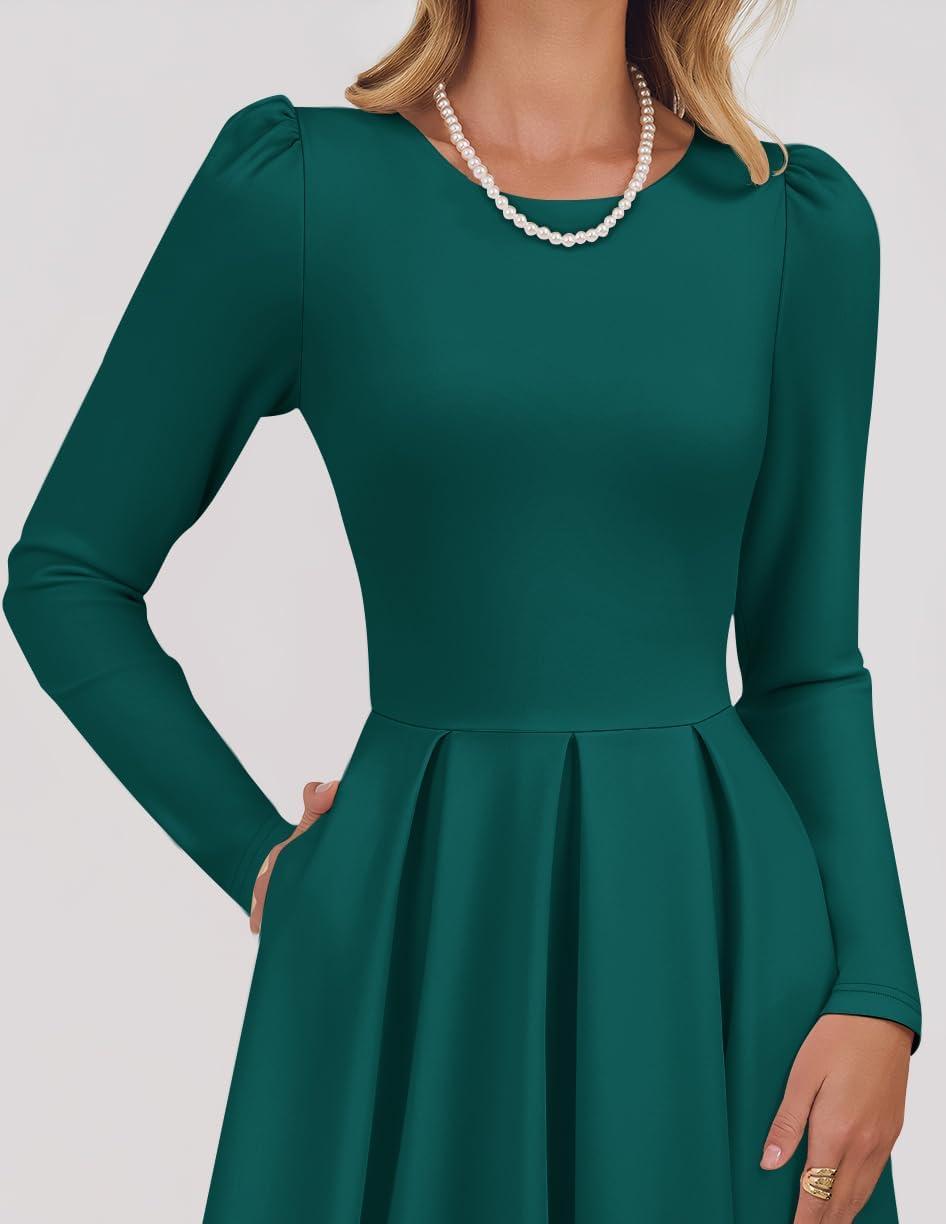 imageZESICA Womens Long Sleeve Midi Dresses 2026 Spring Elegant Crewneck Swing A Line Wedding Guest Party Dress with PocketsGreen