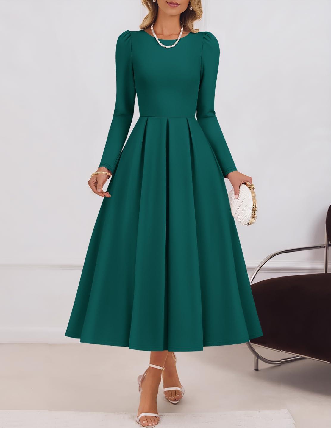 imageZESICA Womens Long Sleeve Midi Dresses 2026 Spring Elegant Crewneck Swing A Line Wedding Guest Party Dress with PocketsGreen